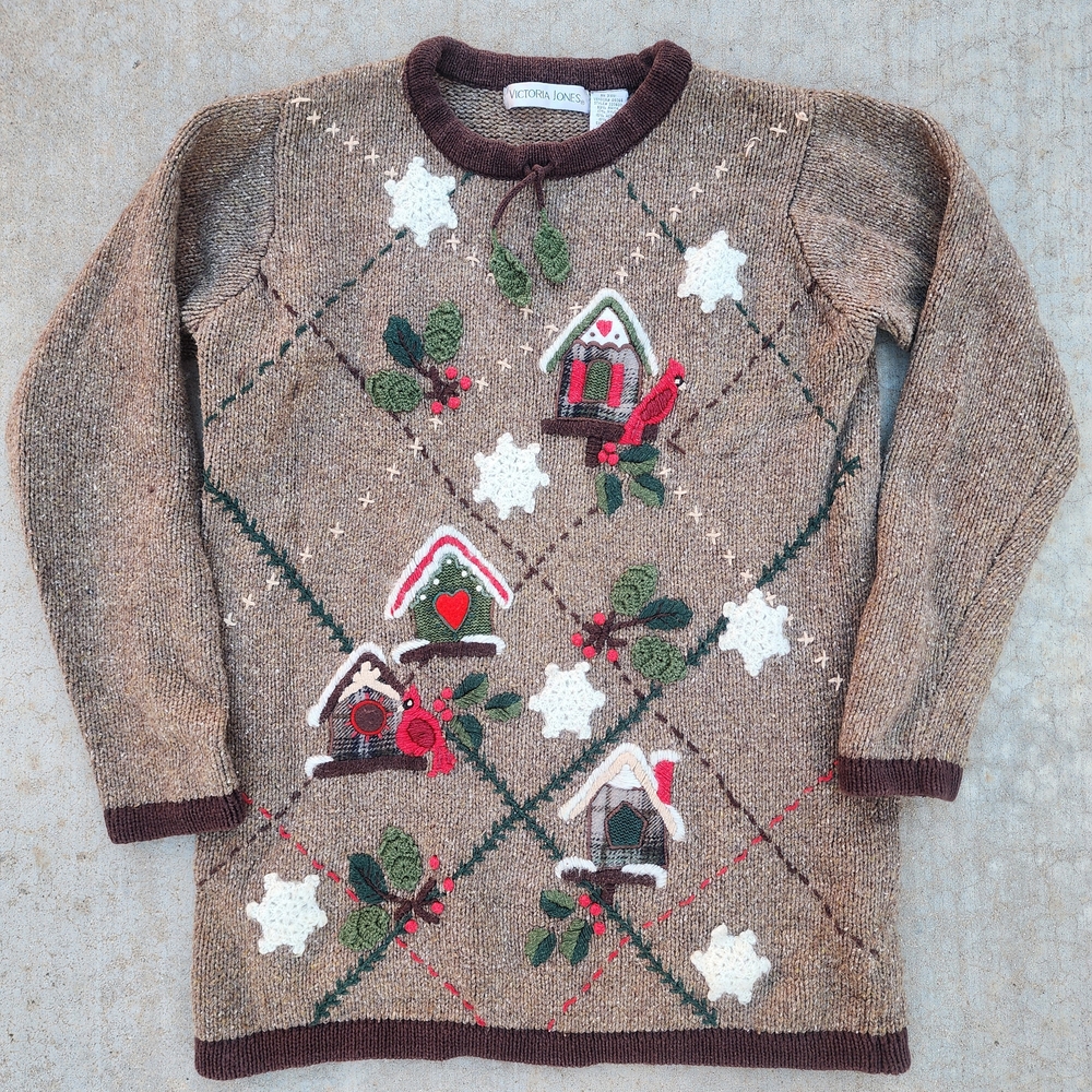 VTG Victoria Jones Birdhouse Cardinal Red Bird Winter Cottage Knit Sweater, Sz S